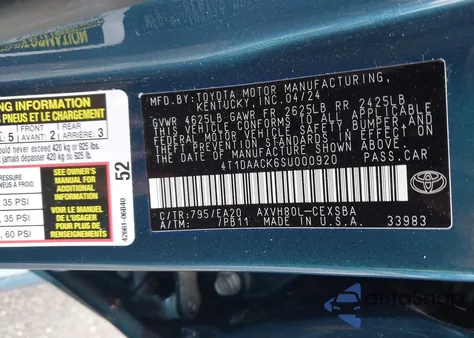 2025 Toyota Camry Se from USA, damaged, VIN 4T1DAACK6SU000920